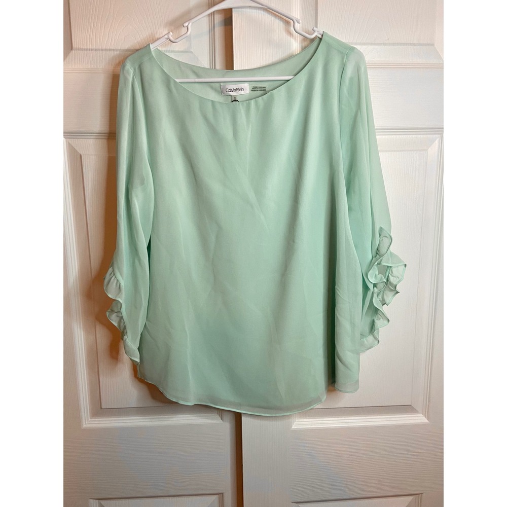 Calvin Klein Mint Green Ruffle Bell Sleeve Chiffon Blouse M NWT CKD7L0454